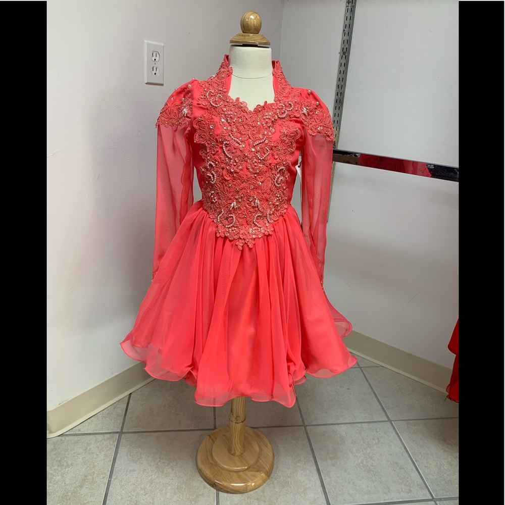 Girls' Coral Long-Sleeve Embellished Formal/Pageant Dress